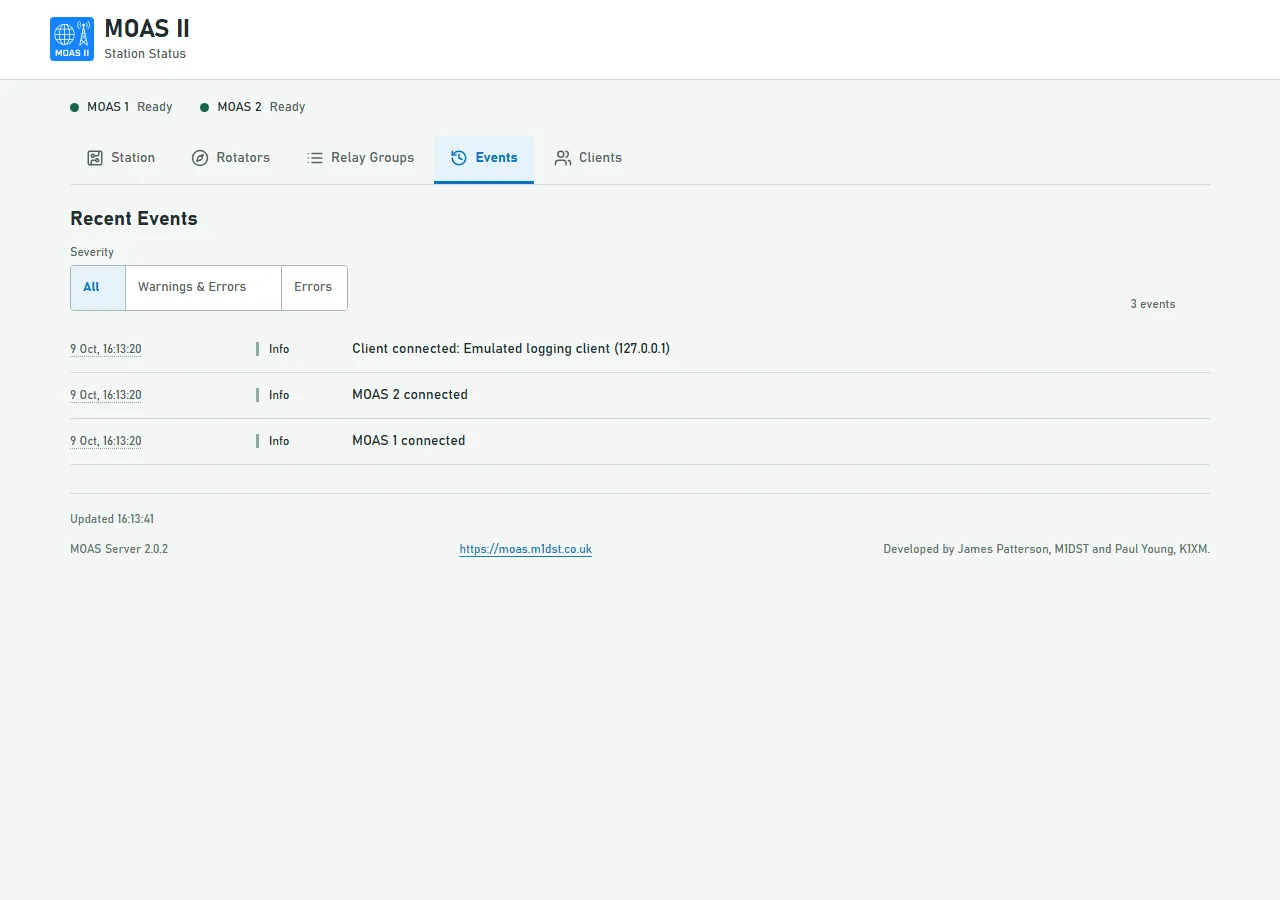 Events tab showing timestamped hardware and logging-client connections.