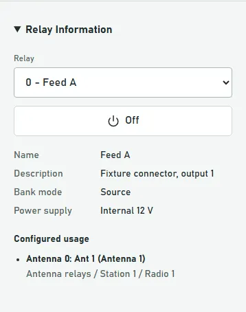 Phone relay information with a relay selector, wiring details, and configured antenna usage.