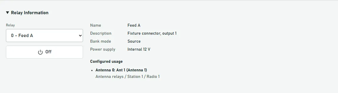 Relay information with a selected-relay toggle, wiring details, and configured antenna usage.