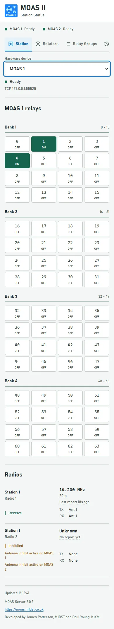Phone Station tab with responsive relay banks and radio status.