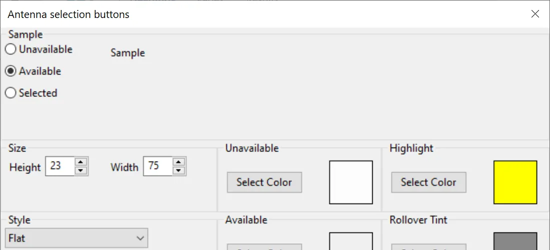 Antenna and Function buttons configuration dialog